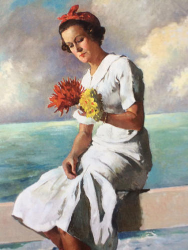 Portrait de Marie Louise Dillais devant l’océan à Hossegor par Marcel Louis Dillais